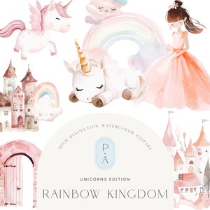 Acuarela lindo unicornio clipart - arco iris - princesa clipart - niñas clipart set - guardería - pegatinas digitales - licencia extendida ilimitada