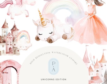 Acquerello carino unicorno Clipart - Arcobaleno - Clipart principessa - Set di clipart per ragazze - Asilo nido - Adesivi digitali - Licenza estesa illimitata