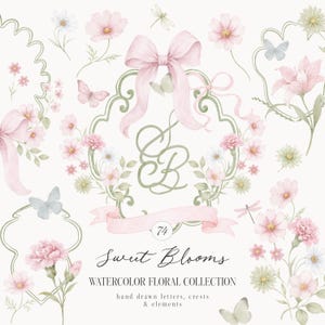 Pode incluir: Uma coleção digital de ilustrações em aquarela intitulada 74 Sweet Blooms Watercolor Floral Collection com flores cor-de-rosa, brasões verdes, fitas, laços, borboletas e libélulas com as letras EB centradas numa moldura decorativa.