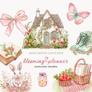 Akwarela i tusz Malowany ręcznie planer Clipart - Planer kwiatowy - Różowy planer - Planer letni i wiosenny Clipart - Rysunki - Akwarela