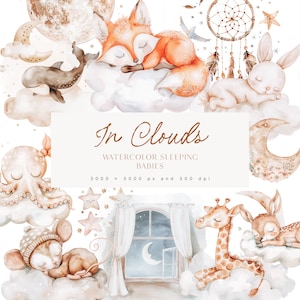Clipart de animais dormindo em aquarela - Clipart de berçário - Clipart de bebês de animais dormindo - Animais de berçário neutros - Clipart de animais