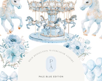 Watercolor Blue Carousel Clipart - Pony Clipart - Pale Blue - Carousel Clipart - Nursery - Scrapbooking - Pony - Unlimited Extended License