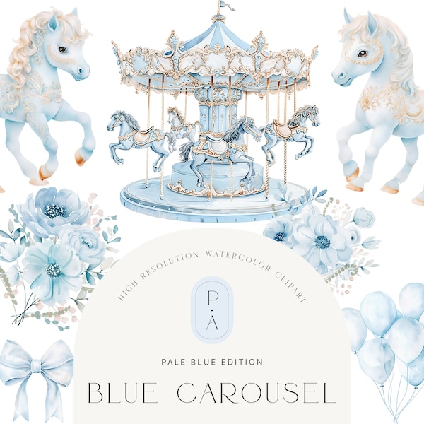 Aquarelle Bleu Carrousel Clipart - Poney Clipart - Bleu pâle - Carrousel Clipart - Pépinière - Scrapbooking - Poney - Licence étendue illimitée