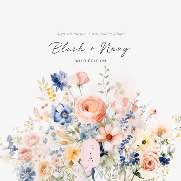 Blush Navy Floral Clipart - Watercolor Flowers - Blush flowers - Navy Flowers - Wedding Clipart - Floral Bouquets - Floral Borders