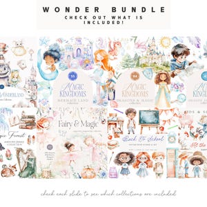 May include: A digital collage of watercolour illustrations featuring various themes, including Alice in Wonderland, Mermaid Land, Dragon and Magic, Dragon Adventure, Fairy and Magic, Back to School, and At the Farm. The illustrations are arranged in a grid format with text labels indicating the theme of each illustration.