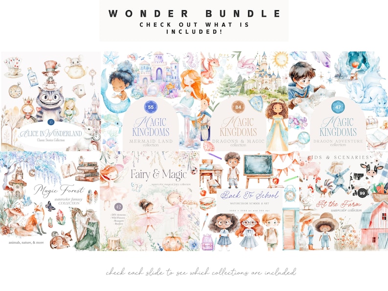 May include: A digital collage of watercolour illustrations featuring various themes, including Alice in Wonderland, Mermaid Land, Dragon and Magic, Dragon Adventure, Fairy and Magic, Back to School, and At the Farm. The illustrations are arranged in a grid format with text labels indicating the theme of each illustration.