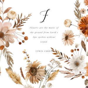 K&ouml;nnte beinhalten: Ein Aquarellbild eines Blumenarrangements mit einem Zitat dar&uuml;ber, dass Blumen die Musik des Bodens aus den Lippen der Erde sind, die ohne Klang gesprochen werden. Das Zitat wird Edwin Curran zugeschrieben.