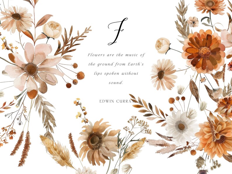 K&ouml;nnte beinhalten: Ein Aquarellbild eines Blumenarrangements mit einem Zitat dar&uuml;ber, dass Blumen die Musik des Bodens aus den Lippen der Erde sind, die ohne Klang gesprochen werden. Das Zitat wird Edwin Curran zugeschrieben.