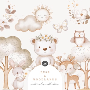 Clipart de aquarela da floresta - Coleção Bear Woodland - Bosque Boho Neutro - Animais da floresta - Clipart de animais - Berçário