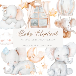 Set di clipart Baby Elefante - Elefanti acquerello - Asilo nido elefante - Asilo nido acquerello - Mongolfiere - Bambino - Licenza di vendita illimitata