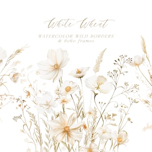 Blé sauvage et fleurs sauvages aquarelles - fleurs sauvages blanches - fleurs sauvages bohèmes - bordures bohèmes délicates