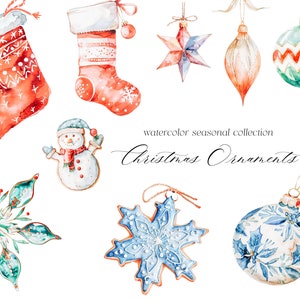 May include: Watercolor illustrations of Christmas ornaments, including a red stocking, a snowman, a blue snowflake, a red and green striped ornament, a blue and white ornament, a red and gold ornament, and a blue star ornament. The text "watercolor seasonal collection Christmas Ornaments" is also included.