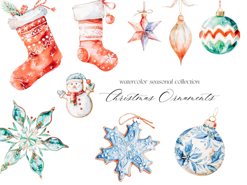 May include: Watercolor illustrations of Christmas ornaments, including a red stocking, a snowman, a blue snowflake, a red and green striped ornament, a blue and white ornament, a red and gold ornament, and a blue star ornament. The text "watercolor seasonal collection Christmas Ornaments" is also included.
