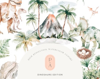 Set di clipart acquerello dinosauro - Clipart preistorico - Dinosauri acquerello - Dinosauri per bambini - Asilo nido - Dino - Licenza di vendita illimitata