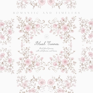 Pode incluir: Ilustração digital com molduras florais cor-de-rosa com flores silvestres e trepadeiras. O texto "Romantic and Timeless" está no topo, e "Blush Twines" no centro, com texto adicional abaixo. O design está em um fundo branco.