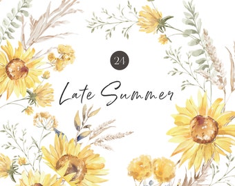 Imágenes prediseñadas florales de girasol - Girasoles de acuarela - Florales de verano secos - Trigos - Imágenes prediseñadas de finales de verano - Elementos - Licencia de ventas ilimitada