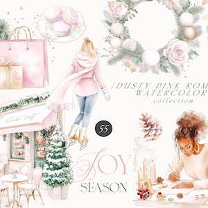 Aquarel Dusty Rose kerst clipartcollectie - Kerstcollectie winter in Parijs - roze kerst - kerstdecoratie aquarel