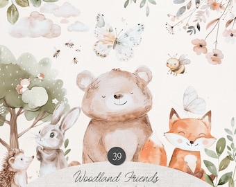 Watercolor Cute Neutral woodland Animals - Woodland Creatures - Woodland Clipart - Forest Animals - Wild Party clipart