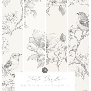 Naadloze Toile-patronen met botanische vintage stijl met vogels - grafiet en beige naadloze patronen - vintage botanische stijl