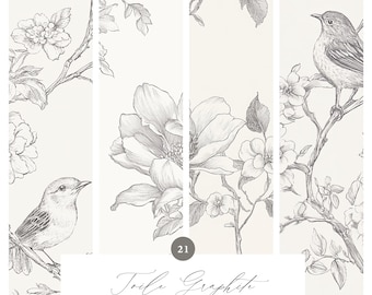 May include: Three seamless patterns featuring black and white illustrations of birds and flowers. The patterns are labeled "Tribe Graphite" and "graphite botanical seamless patterns".