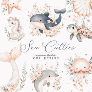 Conjunto de imágenes prediseñadas de criaturas marinas en acuarela: animales marinos florales, lindas criaturas marinas, tortugas, delfines, ballenas y colas de sirena. Neutral