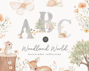 Watercolor Woodland Animals Clipart Collection - Watercolor Woodland - Bohemian Woodland - Animals Alphabet - Seamless Patterns