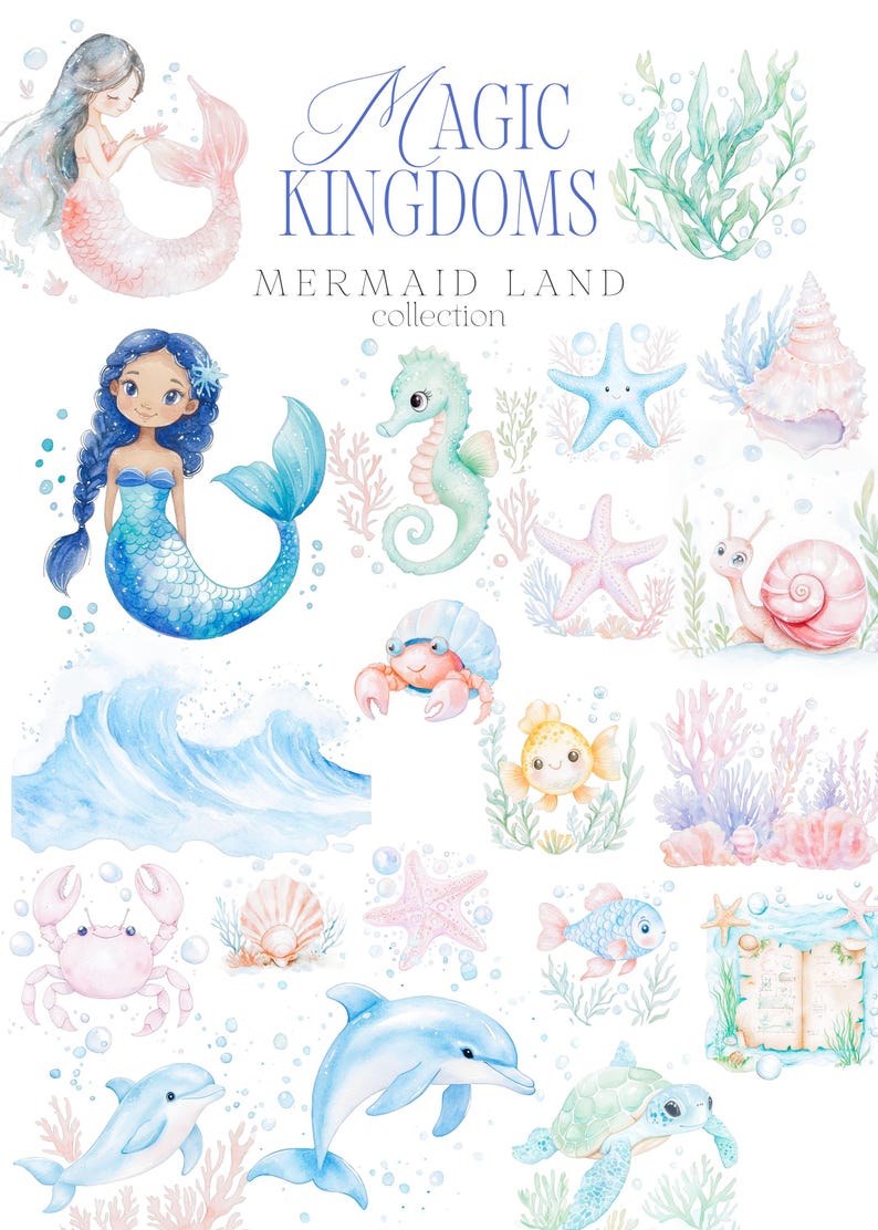 かわいい人魚のクリップアート - 子供向けのクリップアート - 人魚 - 魔法の王国コレクション - 水彩クリップアート - 海 - 無制限の販売ライセンス 画像 4