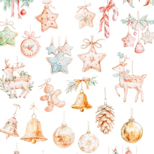 May include: Watercolor illustration of Christmas ornaments. The ornaments include stars, bells, reindeer, a gingerbread man, pine cones, and various colored baubles. The ornaments are painted in a soft, whimsical style with muted colors.