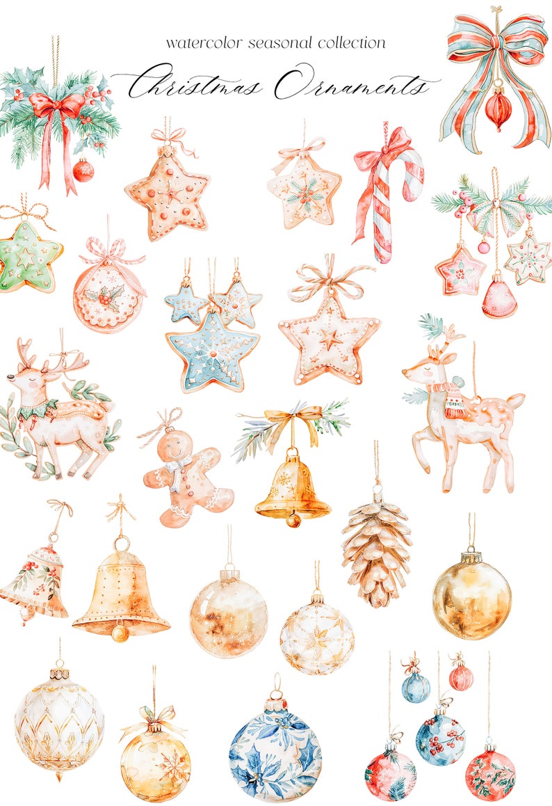May include: Watercolor illustration of Christmas ornaments. The ornaments include stars, bells, reindeer, a gingerbread man, pine cones, and various colored baubles. The ornaments are painted in a soft, whimsical style with muted colors.