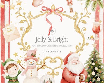 May include: Watercolor Christmas collection with the text "Jolly & Bright". The image features Santa Claus, an elf, a snowman, a snow globe, and a Christmas tree. The background has red and white stripes with gold accents and decorative elements.