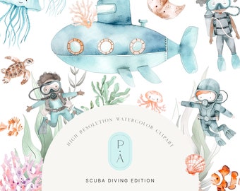 Cute Scuba Diving Watercolor Clipart - Scuba Dive Clipart - Underwater Clipart - Sea Creatures - Clipart For Kids - Unlimited Sales License