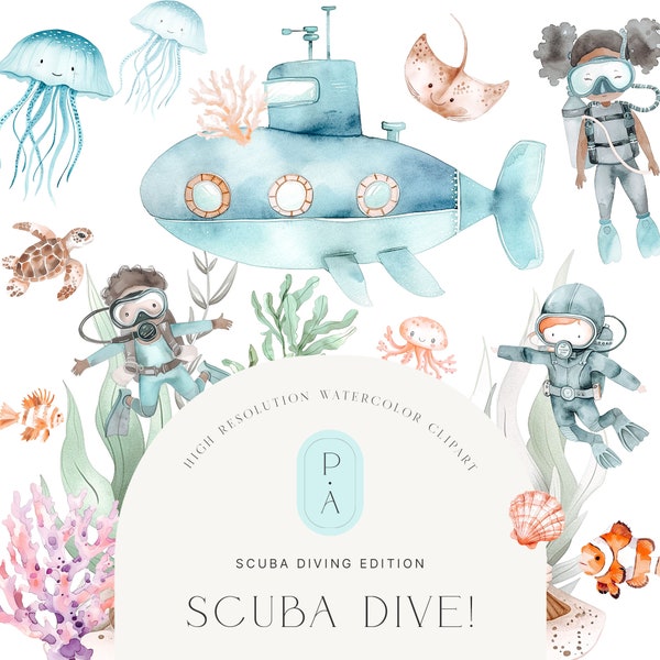 Süßes Scuba Tauchen Aquarell Clipart - Scuba Dive Clipart - Unterwasser Clipart - Meerestiere - Clipart für Kinder - unbegrenzte Verkaufslizenz