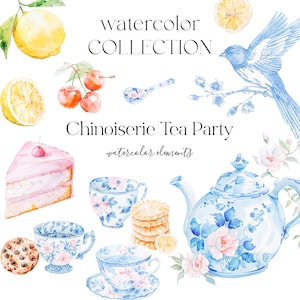 Chinoiserie Tea Party Clipart - Chinoiserie Clipart - Aquarel Tea Party - Theepotten - Theekopjes - Chinoiserie - Onbeperkte verkooplicentie