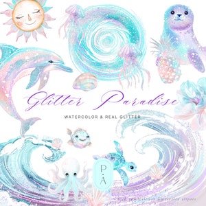 Glittery Sea Creatures Acuarela Clipart - Ocean Clipart - Clipart para niños - Glitter & Gold - Marine Clipart Set - Licencia de ventas ilimitada