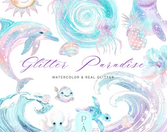 May include: Watercolor and glitter clipart featuring a dolphin, a seal, a turtle, an octopus, a jellyfish, a pineapple, a sun, a wave, and a seashell. The clipart is in shades of blue, purple, and pink.