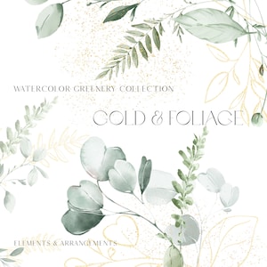 Groen aquarel clipart-goud & groen-gouden planten-groen clipart-eucalyptus clipart-gouden omtrek-onbeperkte verkooplicentie