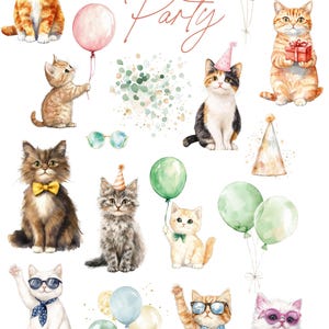 May include: Watercolor illustration featuring various cats with party hats, balloons, and glasses. The text "Cat Party" is written in a cursive font. The cats are in different poses, some holding gifts or balloons, creating a festive atmosphere.