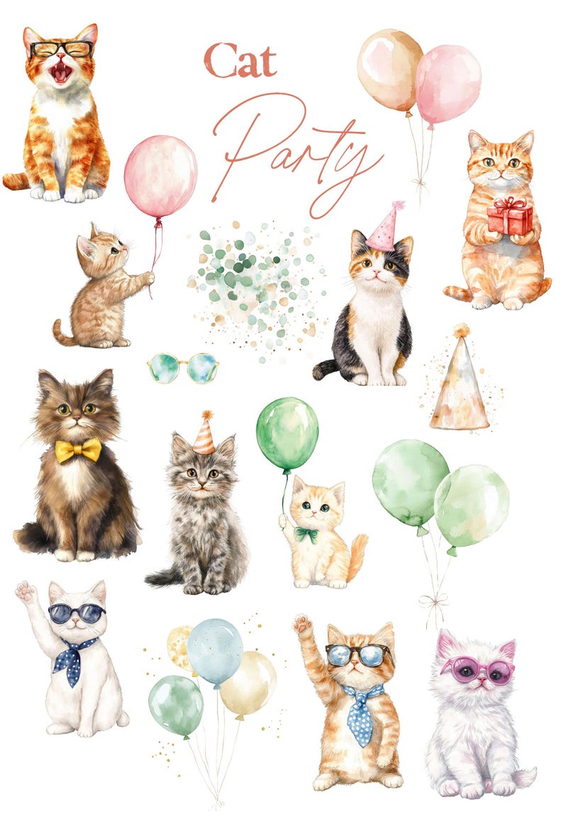 May include: Watercolor illustration featuring various cats with party hats, balloons, and glasses. The text "Cat Party" is written in a cursive font. The cats are in different poses, some holding gifts or balloons, creating a festive atmosphere.