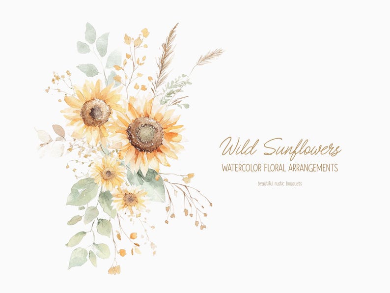 K&ouml;nnte beinhalten: Aquarellmalerei eines Strau&szlig;es Sonnenblumen, Bl&auml;tter und Gr&auml;ser. Die Blumen sind gelb und orange, die Bl&auml;tter sind gr&uuml;n und die Gr&auml;ser sind braun. Der Text "Wild Sunflowers Watercolor Floral Arrangements beautiful rustic bouquets" ist in brauner Schrift unter dem Strau&szlig; geschrieben.