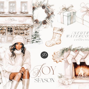 Clipart de Navidad neutral - Clipart de Navidad orgánico - Invierno - Mujeres acogedoras - Clipart neutral - Adornos - Licencia de venta ilimitada