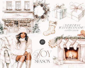 May include: A watercolor illustration set featuring a winter scene with a cozy fireplace, a woman sitting in a chair, a storefront, and a wreath. The set also includes a stocking, gift boxes, and a gingerbread cookie. The text "Joy Season" is written in a decorative font.