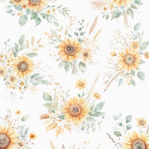 K&ouml;nnte beinhalten: Aquarell-Illustrationen von Sonnenblumenstr&auml;u&szlig;en mit Gr&uuml;n und getrockneten Gr&auml;sern. Die Str&auml;u&szlig;e sind in einem Raster auf wei&szlig;em Hintergrund angeordnet. Der Text "Wild Sunflowers Watercolor Floral Arrangements beautiful rustic bouquets" befindet sich oben im Bild.