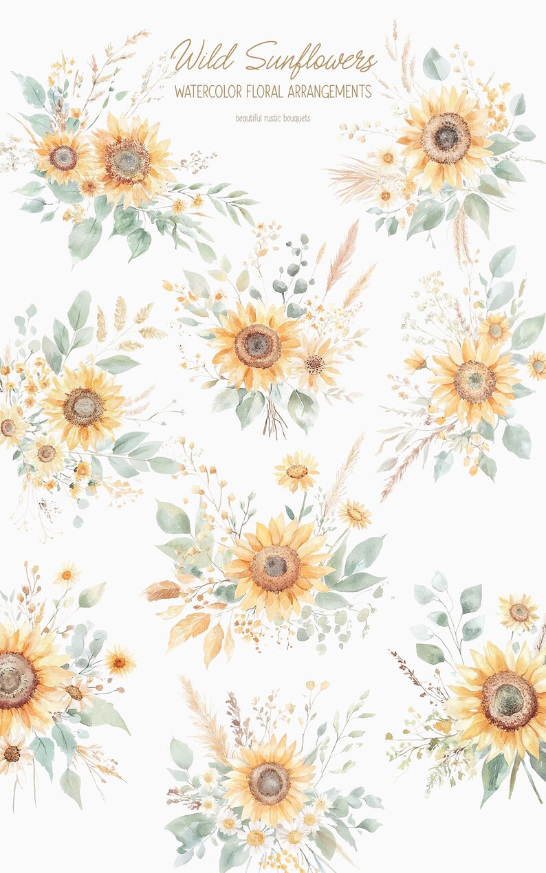 K&ouml;nnte beinhalten: Aquarell-Illustrationen von Sonnenblumenstr&auml;u&szlig;en mit Gr&uuml;n und getrockneten Gr&auml;sern. Die Str&auml;u&szlig;e sind in einem Raster auf wei&szlig;em Hintergrund angeordnet. Der Text "Wild Sunflowers Watercolor Floral Arrangements beautiful rustic bouquets" befindet sich oben im Bild.