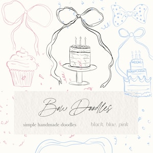 Clipart de garabatos de lazos - Colección de garabatos simples - Clipart de fiesta - Lazos y cintas - Rosa - Azul - Negro - Marcos - Licencia de venta ilimitada
