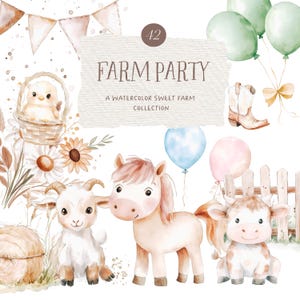 Clipart de fazenda fofa em aquarela - Clipart de festa na fazenda - Fazenda - Clipart para crianças - Clipart de festa - Animais fofos - Licença de vendas ilimitada