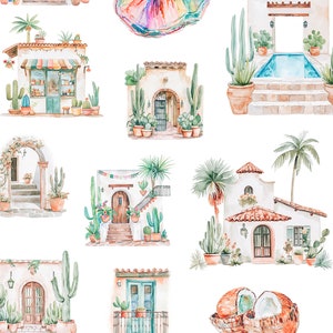 May include: A set of watercolor illustrations featuring Mexican aesthetic elements. The illustrations include a woman in a colorful dress, a building with a blue door, a building with a pool, a building with an archway, a building with a balcony, a building with a door decorated with flowers, a coconut, and a palm tree.