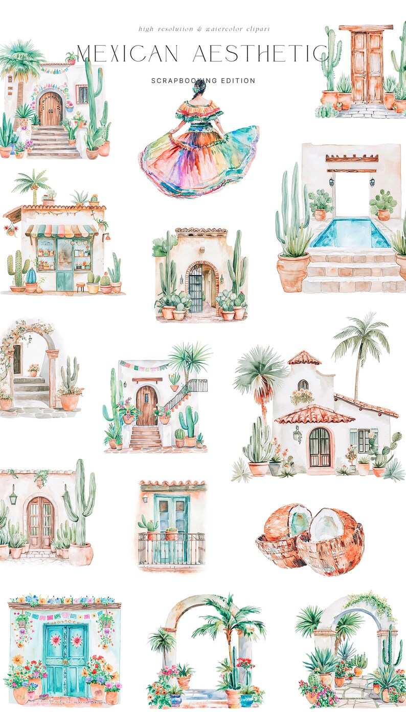 May include: A set of watercolor illustrations featuring Mexican aesthetic elements. The illustrations include a woman in a colorful dress, a building with a blue door, a building with a pool, a building with an archway, a building with a balcony, a building with a door decorated with flowers, a coconut, and a palm tree.