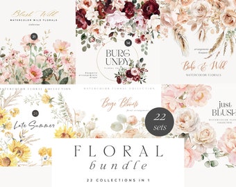 Pangea Azure Watercolor Floral Bundle - Floral Collections - Summer Flowers - Blush Flowers - Watercolor Bundle