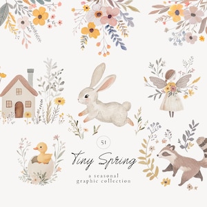 Aquarell süße Frühlings-Hasen und Tiere Clipart - kleiner Frühling - Hygee Frühling - Frühling süße Tiere - Waldfrühling - Clipart des Frühlings