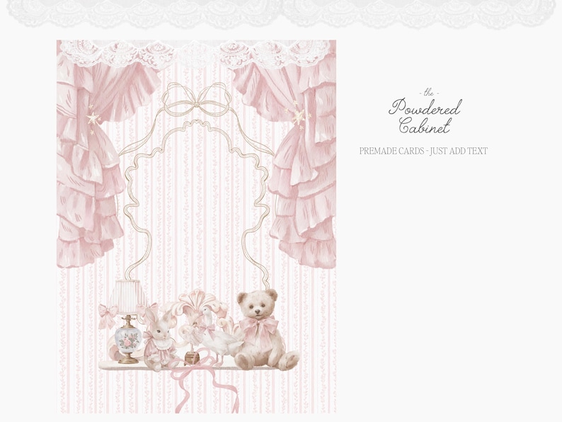 Pode incluir: Ilustra&ccedil;&atilde;o em aquarela de um design de interiores rosa e branco. A imagem inclui uma prateleira com uma l&acirc;mpada, um coelho, um objeto decorativo e um ursinho de pel&uacute;cia. O texto "The Powdered Cabinet" e "PREMADE CARDS - JUST ADD TEXT" tamb&eacute;m s&atilde;o vis&iacute;veis.